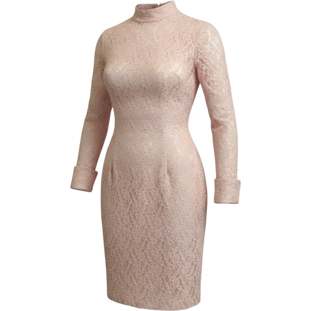 Vintage Style Lace Mock Neck Sheath Dress Womens Pink Long Sleeve Cocktail